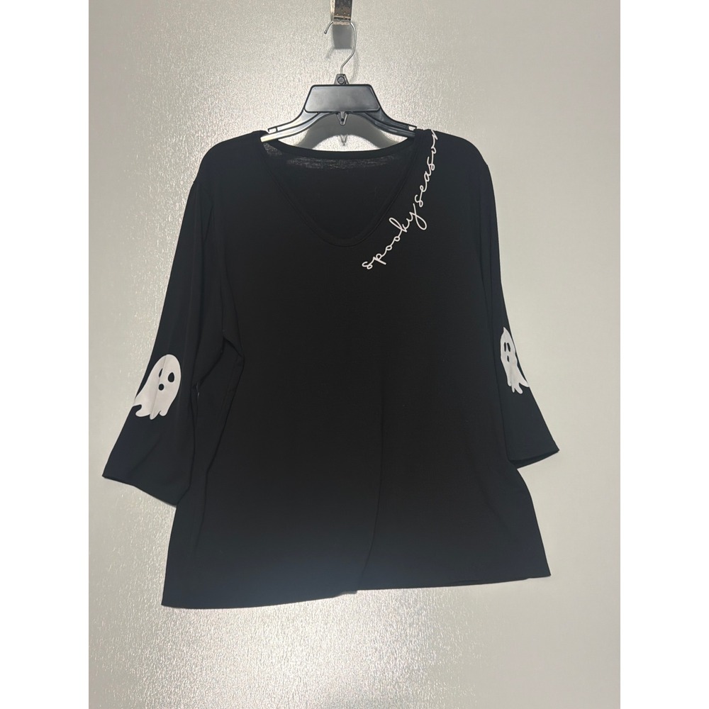 Spooky Season Ghost Graphic V-Neck Top Black 3/4 Sleeve XL Halloween Shirt